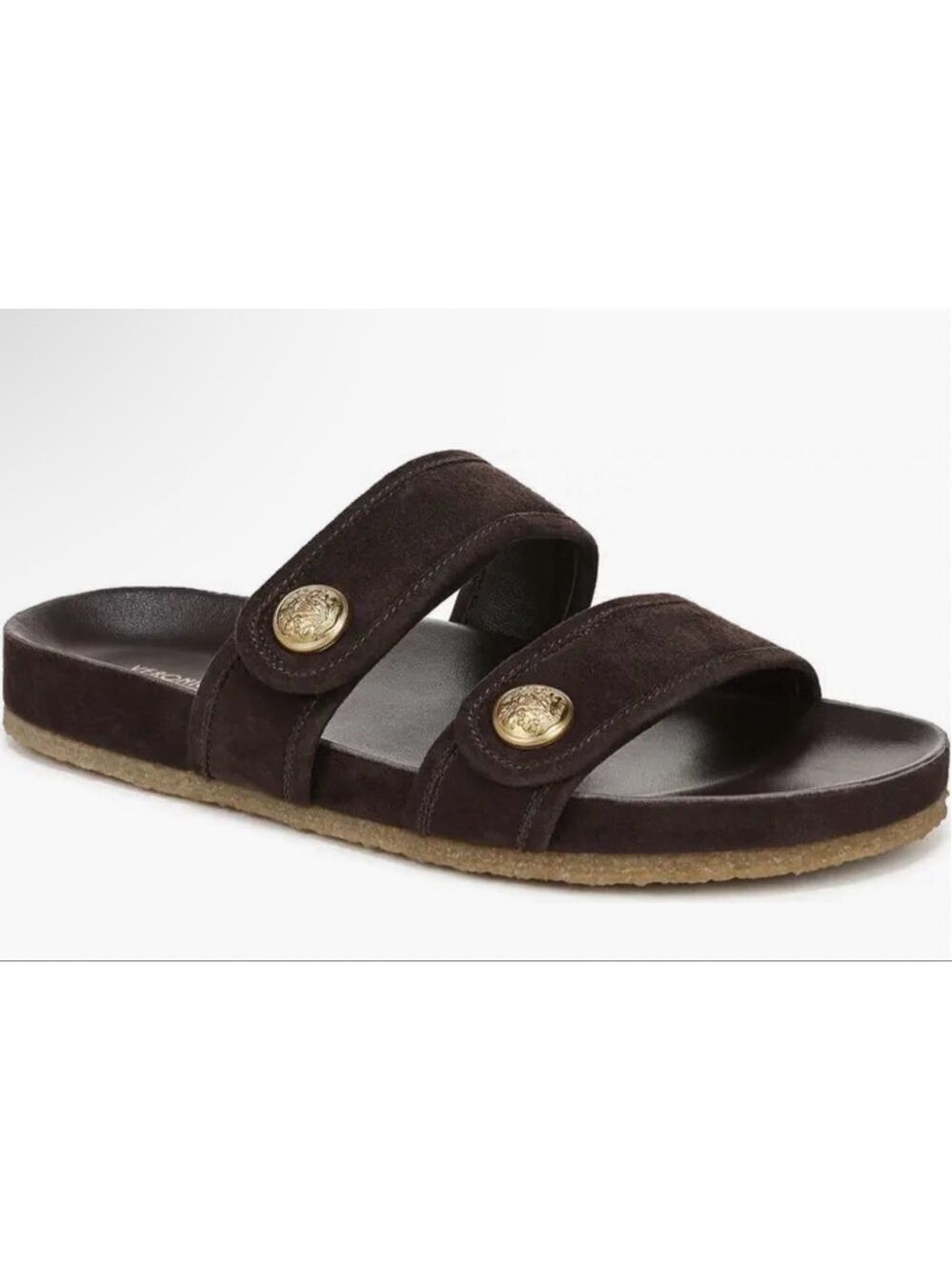 Women's Veronica Beard Percey Brown Suede Sandals with Gold Crest 7.5